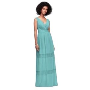 Davids Bridal Maxi Dress Surplice Sleeveless Teal Lace Accent Bridesmaid size 10